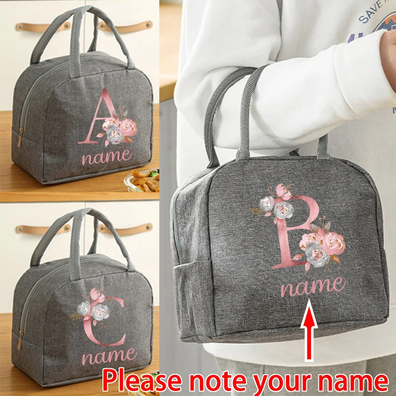 

Personalized Custom Name Insulated Grey Lunch Bag Portable Insulated Zipper Thermal Lunch Bags Food Picnic Travel Lunchbox Bags