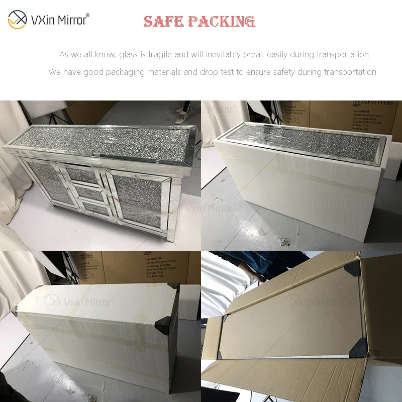 Silver Modern Diamond Wall Cabinet Emitting Diode Glass Decor with Multiple Drawers