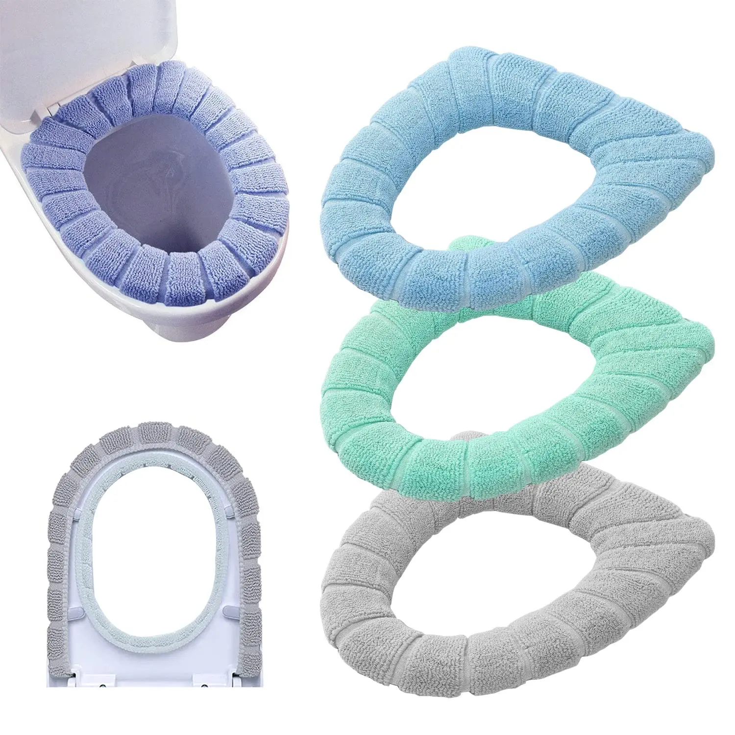 Winter Warm Toilet Seat Cover Washable Bathroom Toilet Pad Cushion With Handle Thicker Soft Mat Knitting Warmer Closestool Mat