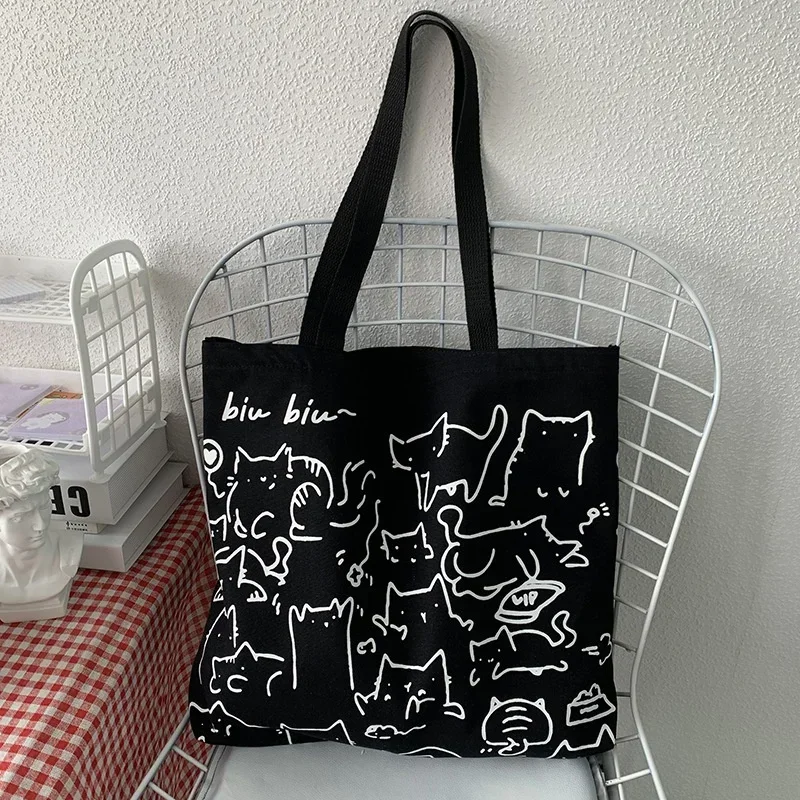 Fashionable Cartoon Cat Canvas Bag Women's Zipper Handbag Cute Line Cat Shopping Bag Japanese Style Large Capacity Canvas Bag