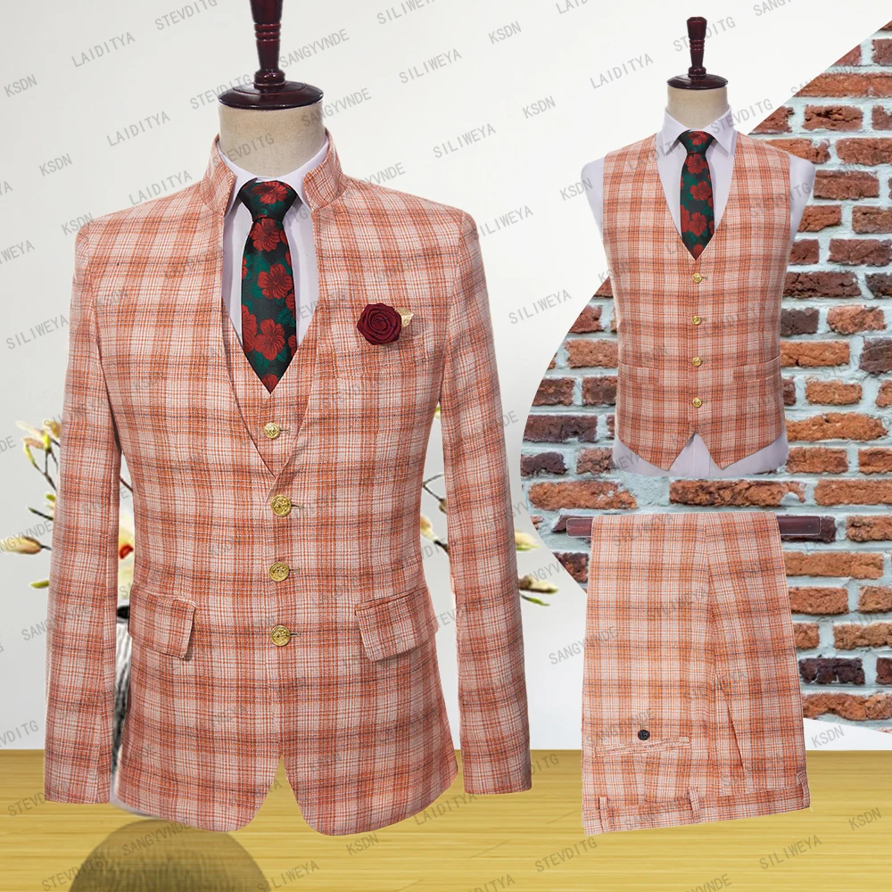 

Men's Blazer Orange Plaid Pattern Three Piece Coat Pants Vest Linen Single Breasted Stand Lapel Spring Summer Casual Slim Fit
