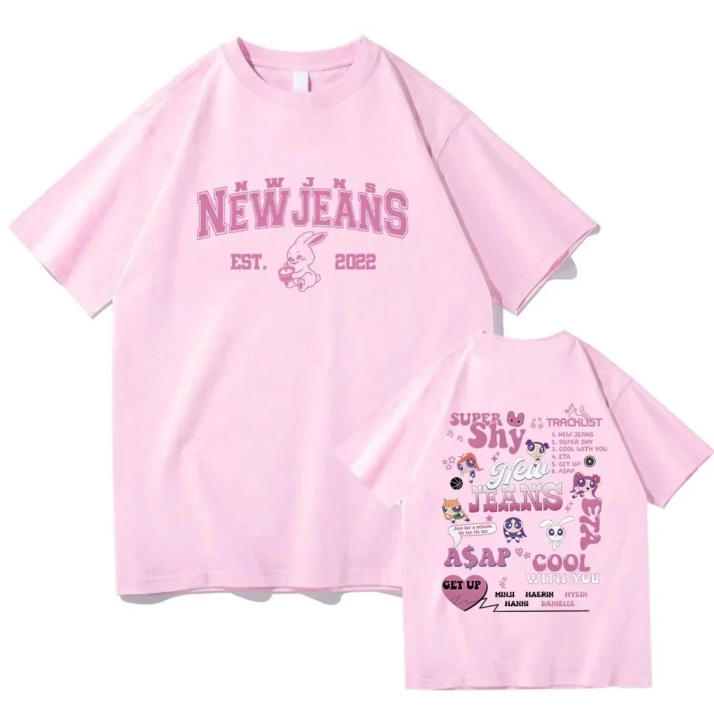 Kpop Band New-Jeans T-shirts Pink Bunnies Kawaii Printing Tee-shirt Women Men Tees Cotton High Quality Girls Tshirts Graphic Tee 3