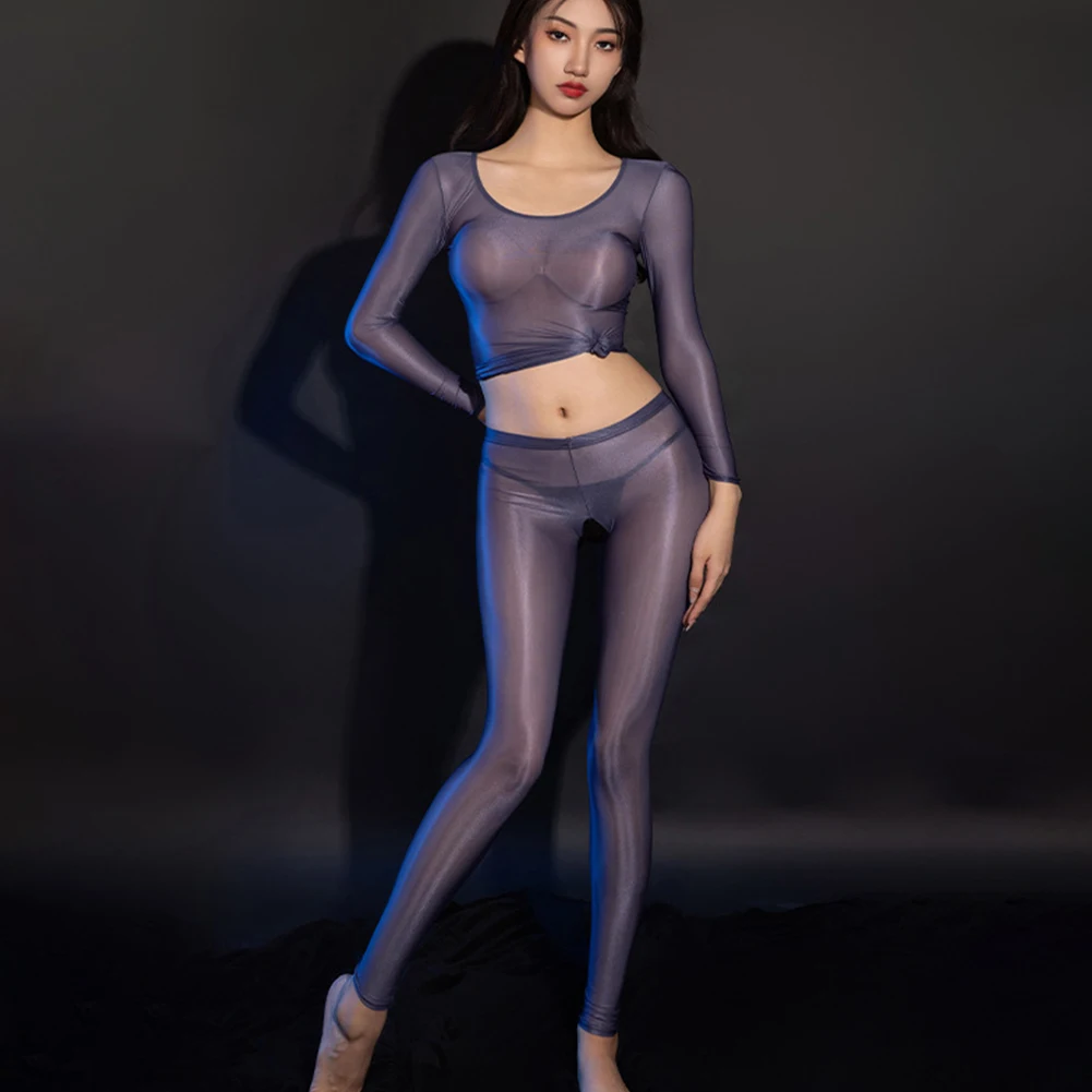 ​Women Oil Glossy Erotic Pants Female See Through Pantyhose Smooth Open Crotch Stockings Transparent Tights Leggings Nightwear