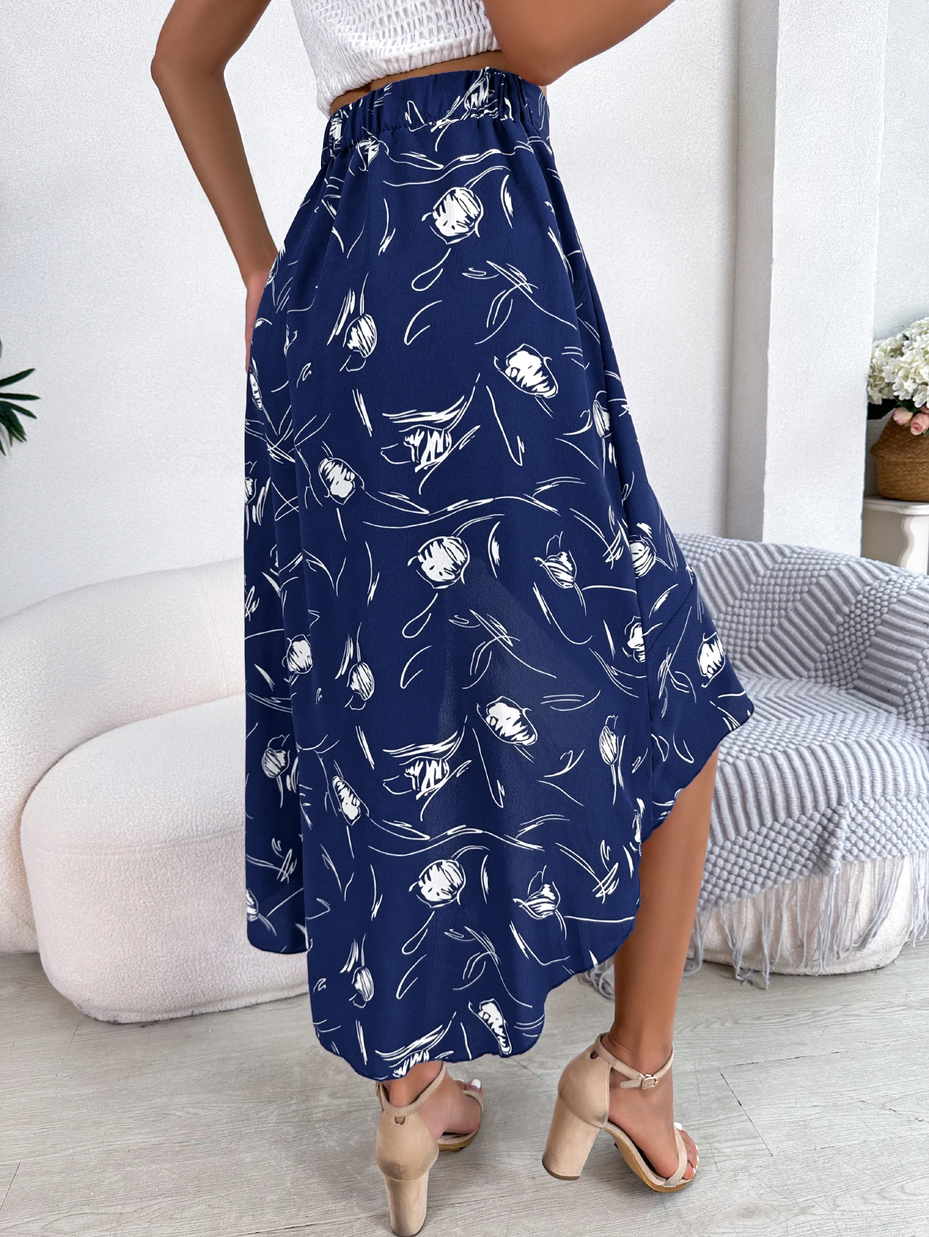 Floral Print Asymmetrical Skirt for Women Spring Summer