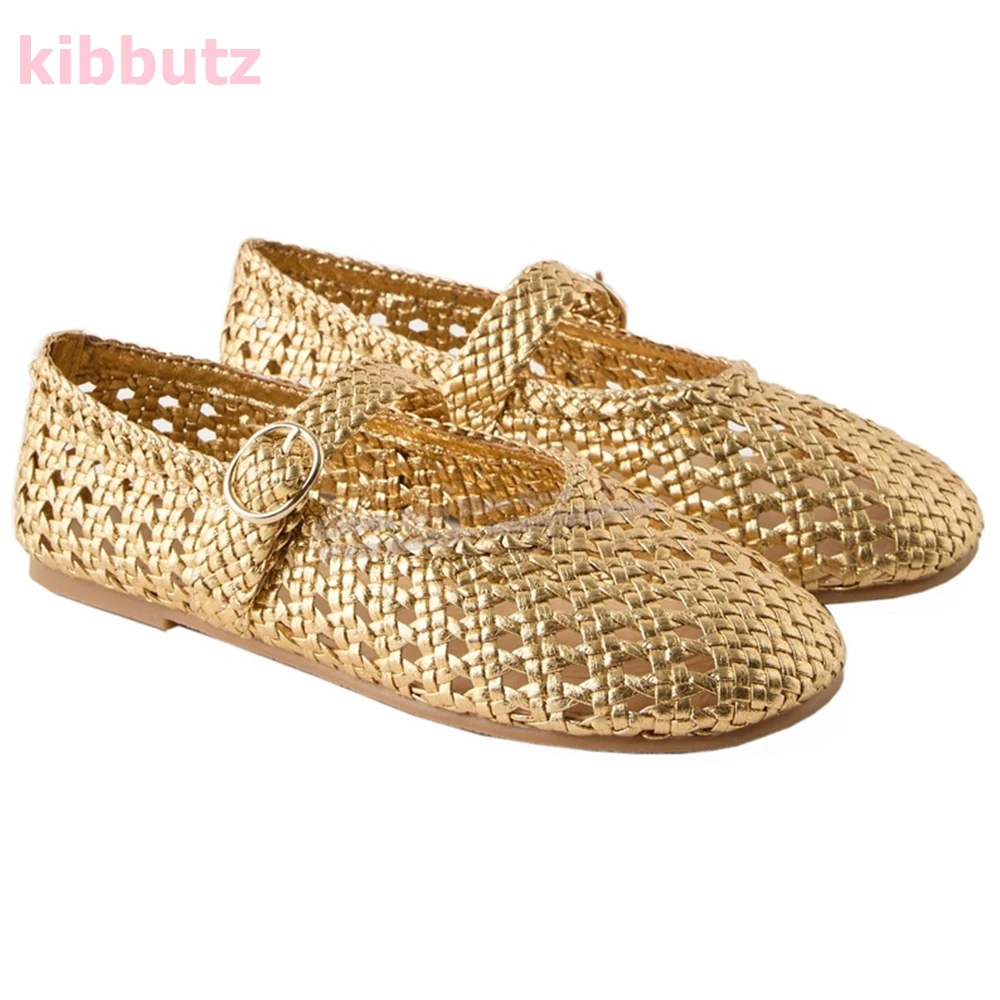 Espadrilles Flat With Ballet Pumps Round Toe Belt Buckle Hollow Solid Color Patent Leather Fashion Novelty Women Shoes Newest