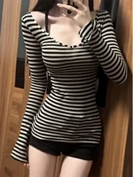 Slim Fit Women's Long Sve T-irt V-Ne Striped Base irt Inner Wear for Autumn Faionable Casual Cotton Blend Top