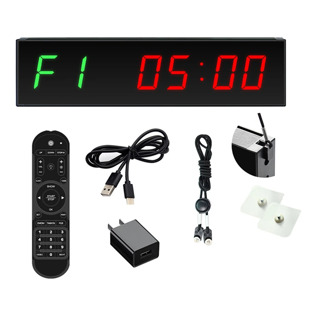 LED Interval Timer Type C Plug in Fitness Timer Wall Mounted Wireless Remote Control with Adhesive Hook for Competition Training