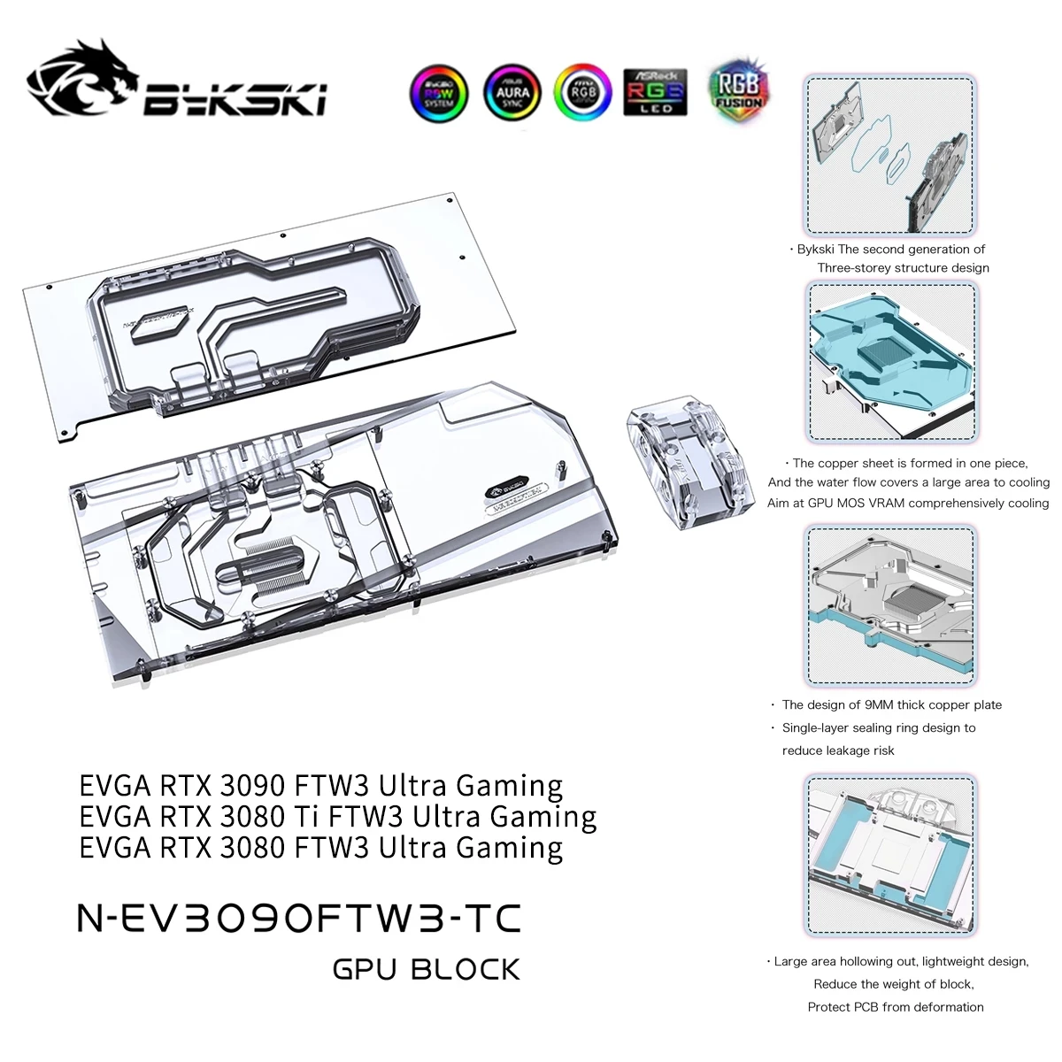 

Bykski GPU Block with Active Waterway Backplane for EVGA RTX 3090 3080Ti 3080 FTW3 Ultra Gaming , Water Cooler N-EV3090FTW3-TC