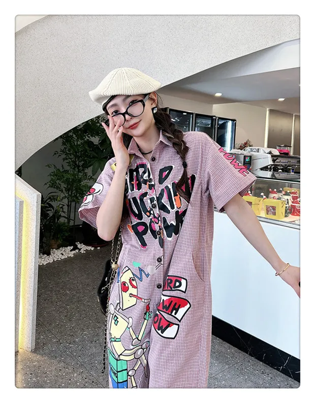 Fashion Plaid Jumpsuit Female 2024 Spring and Summer New High-Grade Loose Cartoon Letter Printed Harem Overalls for Women
