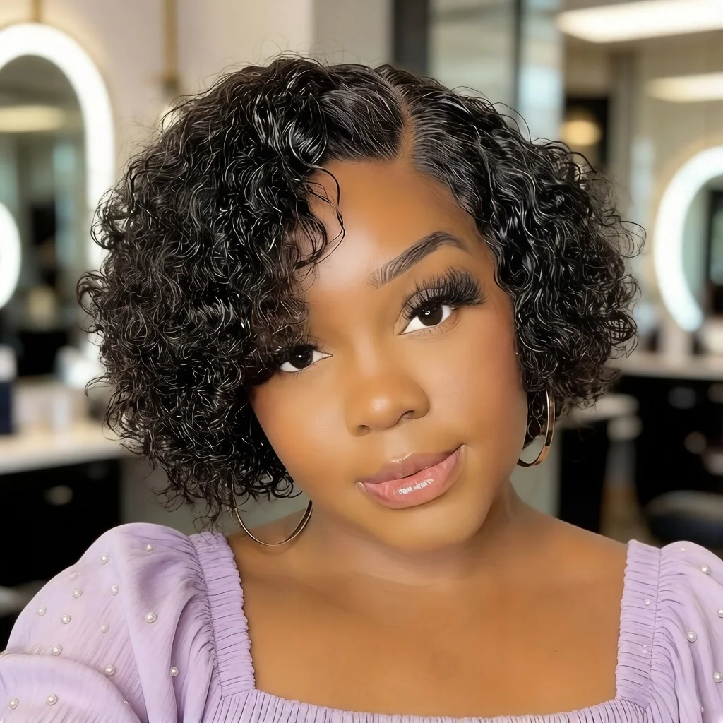 Curly Bob Wig Human Hair Deep Wave Lace Front Wigs 13x4 Short Pixie Wigs for Women Pre Plucked 180% density 2