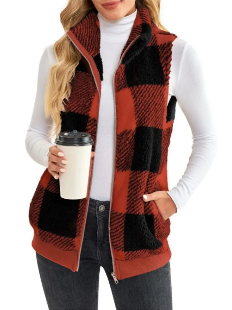 Autumn Winter Plaid Fleece Hoodie Vest Women's Cardigan Fashion Stand Collar Simple Casual Pocket Sleeveless Female Office Coat 2