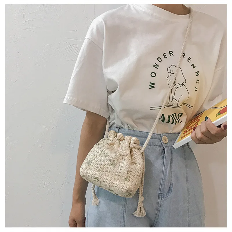 Mode Kleine Schulter Taschen Frauen Kordelzug Stroh Strand Taschen Blume Stickerei Taschen Damen Spitze Crossbody Handtaschen für Reise — изображение 3