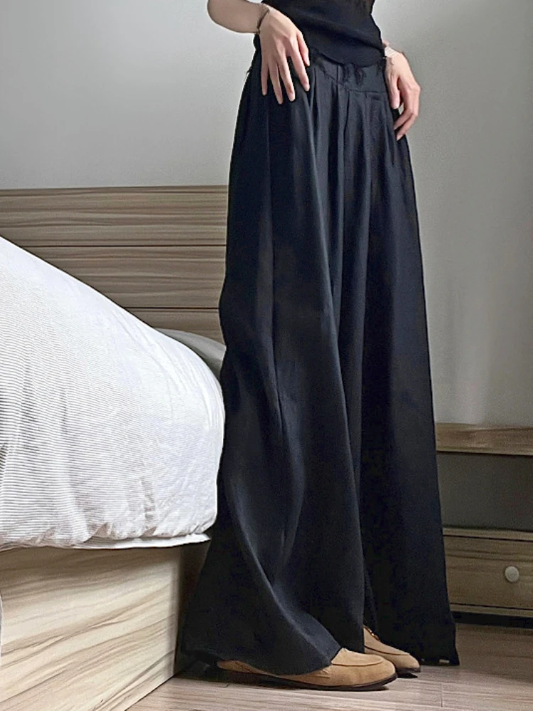 Elegant Casual Wide Leg Pants Women Black Ruffled Korean