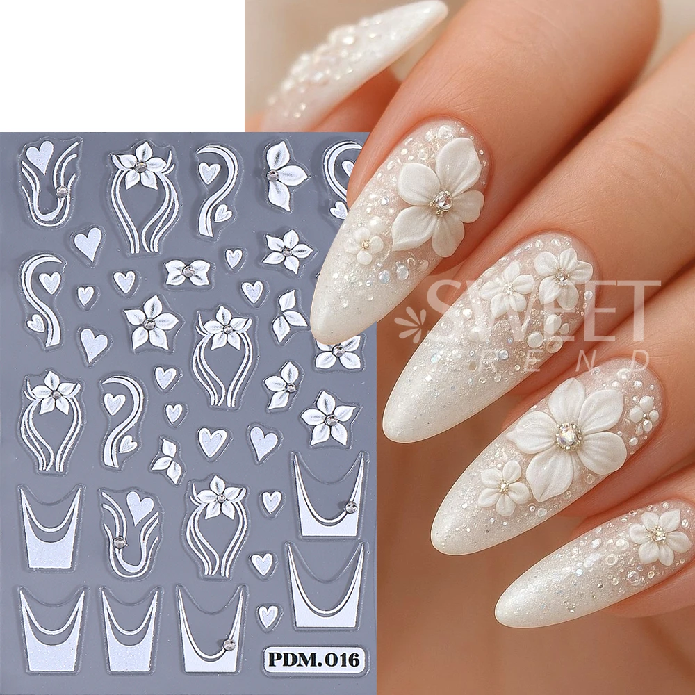1/2pcs Gold White Flower Nail Art Stickers 5D Embossed Self-Adhesive Love Heart Line Nail Decals French Manicure Decoration