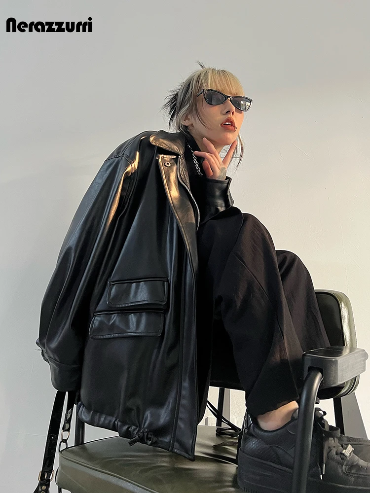 Nerazzurri Spring Autumn Black Oversized Faux Leather Jackets for Women