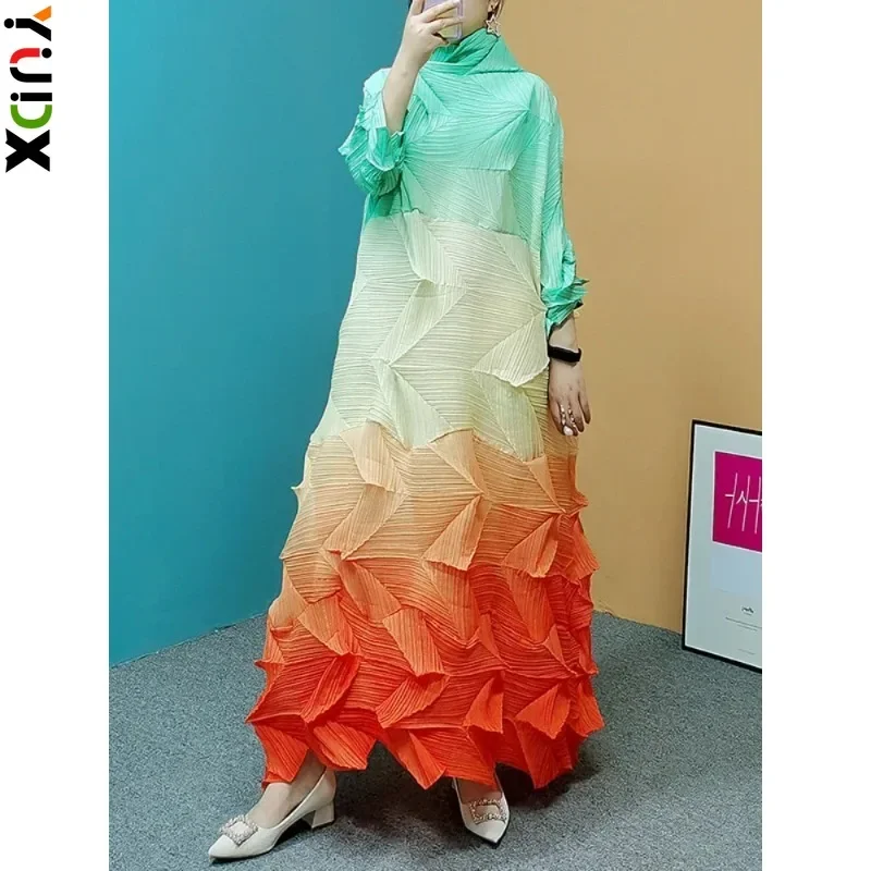 

YUDX Miyake Diamond Pleated Gradual Color Miyake Maxi Long Dress Turtleneck Color Block Loose Dresses for Women 2024 Autumn New