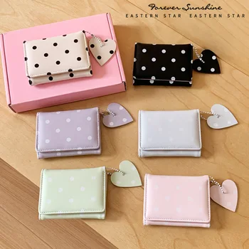 Portafoglio Corto a Pois per Donne, Mini Borsellino in Pelle PU con Ciondolo a Cuore, Porta Carte Multicolore e Tasca per Monete