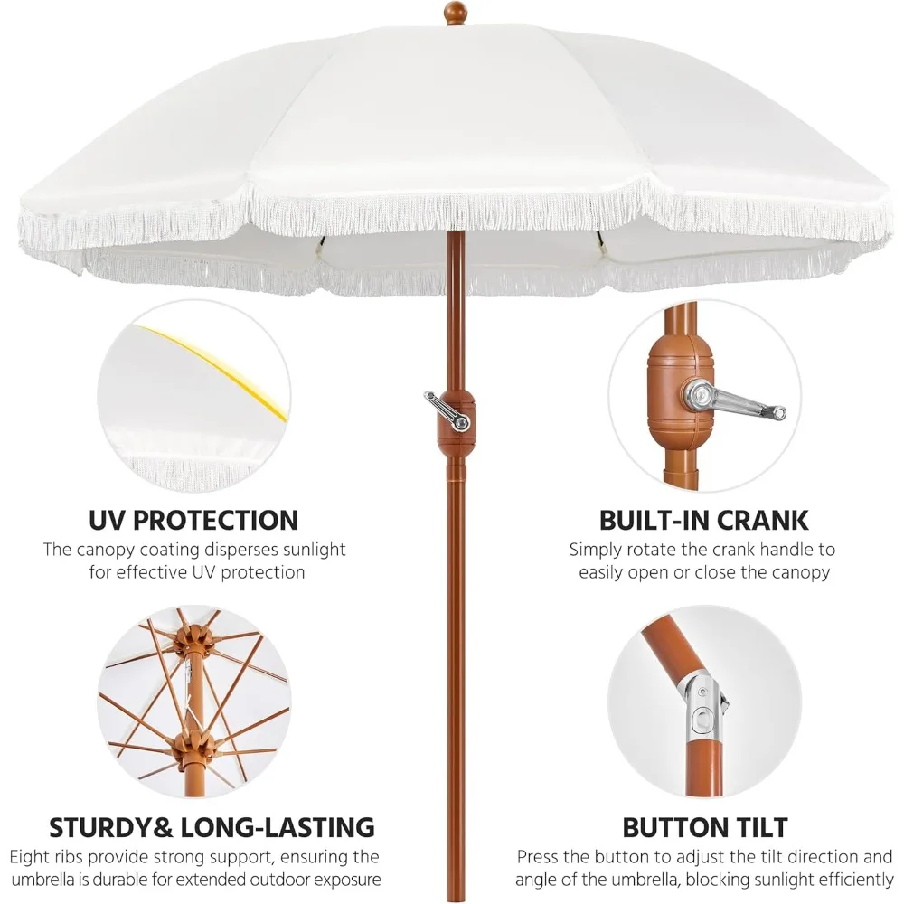 9ft Patio Umbrella with Tassels, Fringe Portable Beach Umbrella, Umbrella Outdoor Patio with Crank Operating Mechanism 4