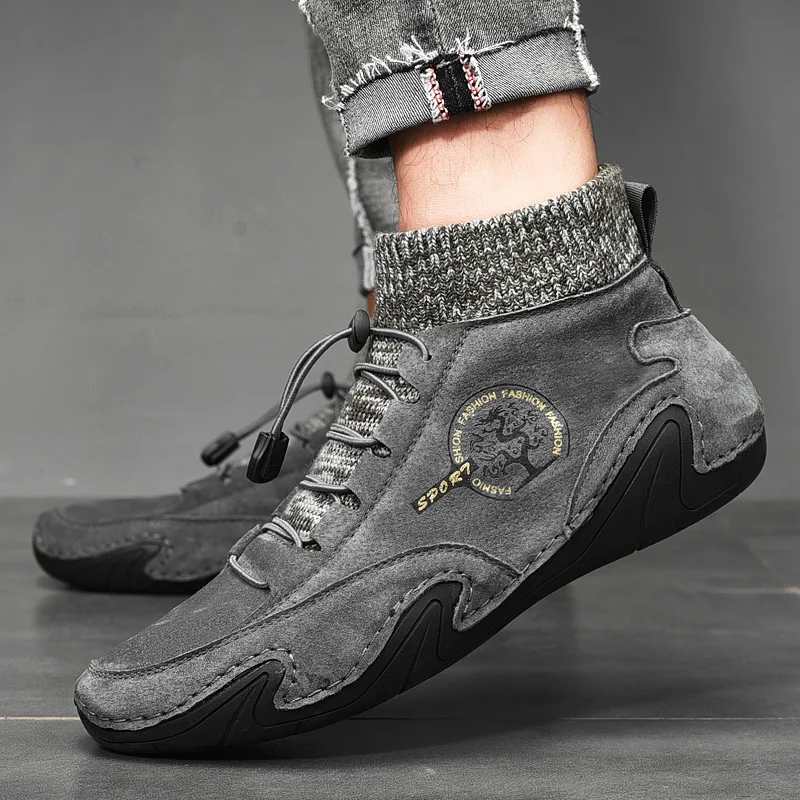 Vintage Men Boots Suede Leather Western Ankle Boots Men Warm Fur Winter Snow Casual Shoes Sneakers Cowboy Botas JKPUDUN