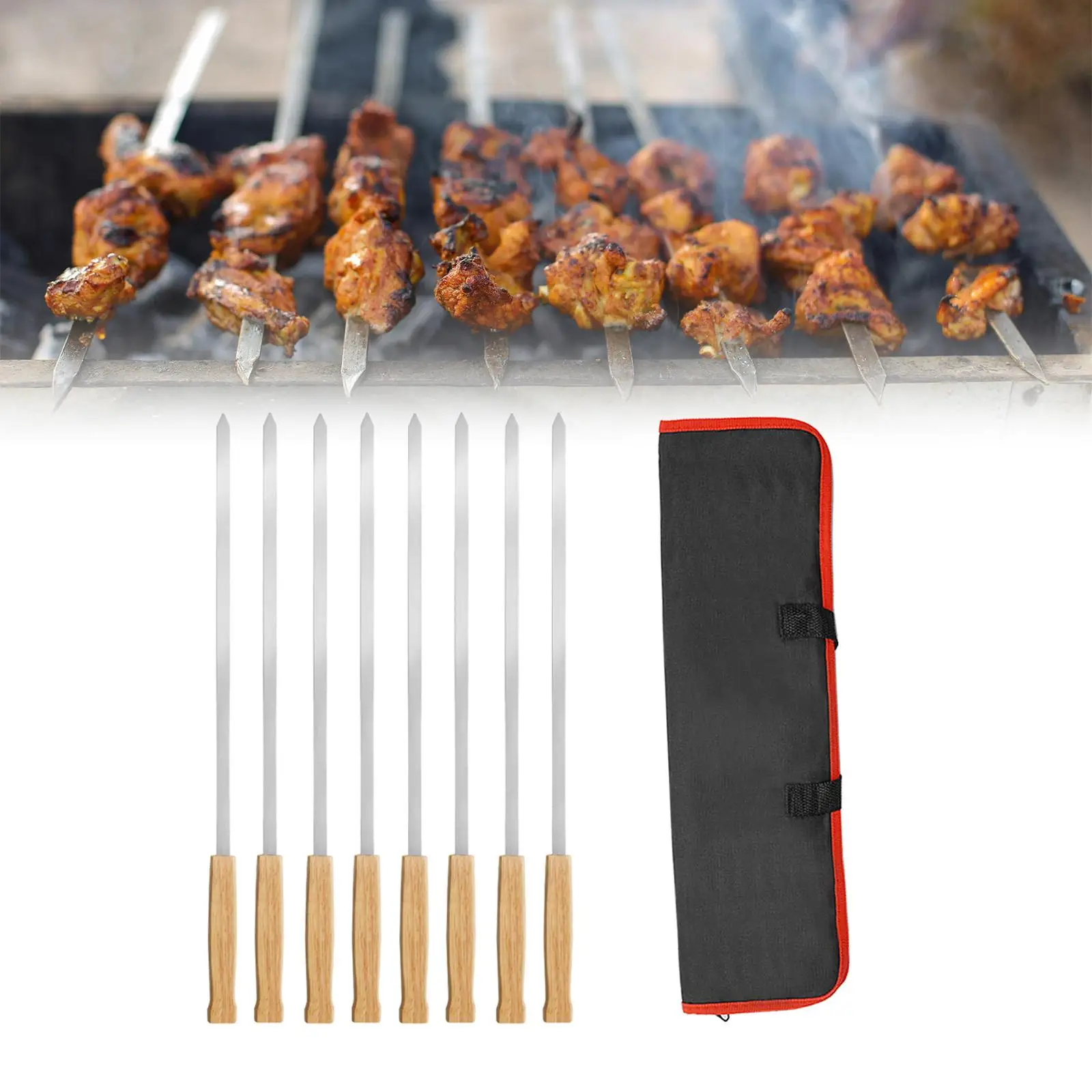 8x Metal Skewers for Grilling with Wooden Handle Outdoor Cooking Flat Long Shish Kebab Skewers for Prawn BBQ Chicken Grilling