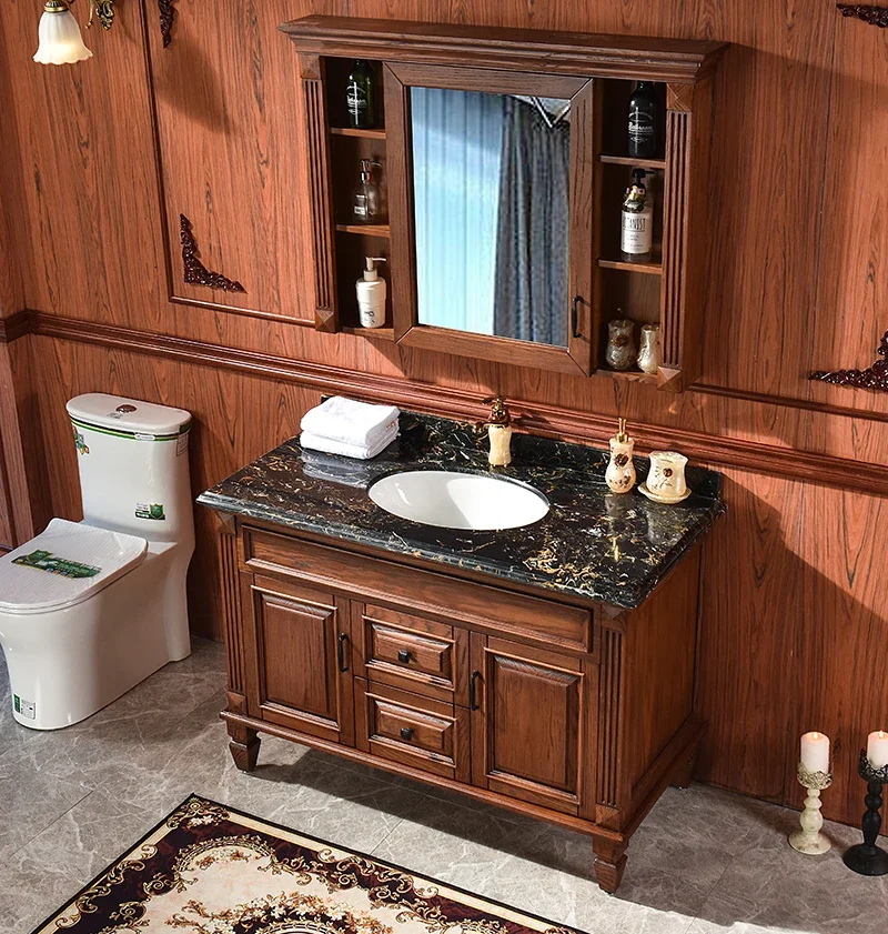 

American Red Oak Solid Wood Bathroom Cabinet Floor-Standing Washroom Furniture with Toilet Wash Basin and Storage Mirror Cabinet