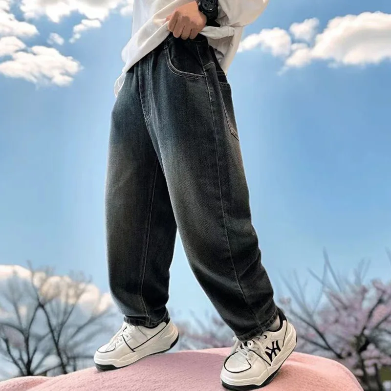 Thickened Winter Denim Jeans for Boys Autumn Sports Style Long Pants Polyester Cotton Blend High Waist Elastic Band - 3