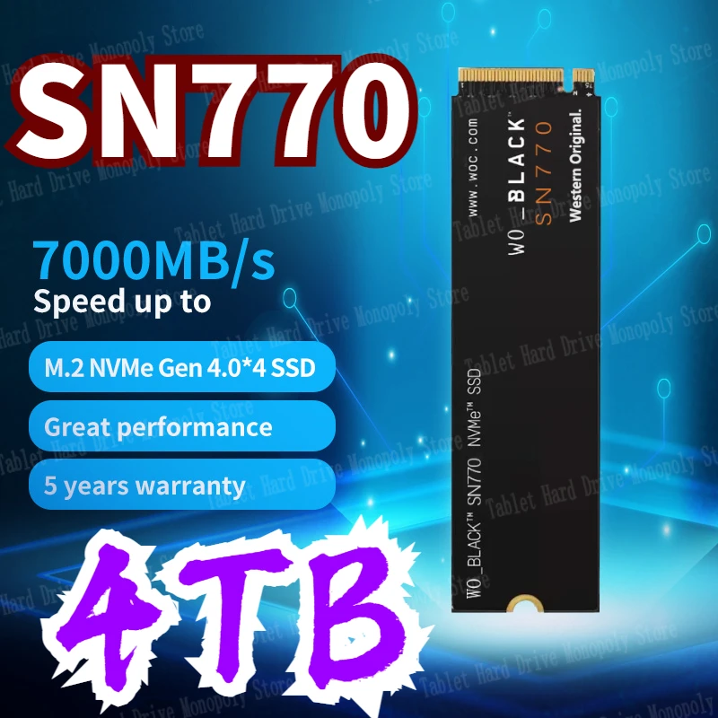 

2024 NEW 8TB 4TB 2TB BLACK WO SN770 1TB NVMe Built-in solid state drive PCIe 4.0 Gen4 technology SSD, up to 7000 MB/s M.2 2280