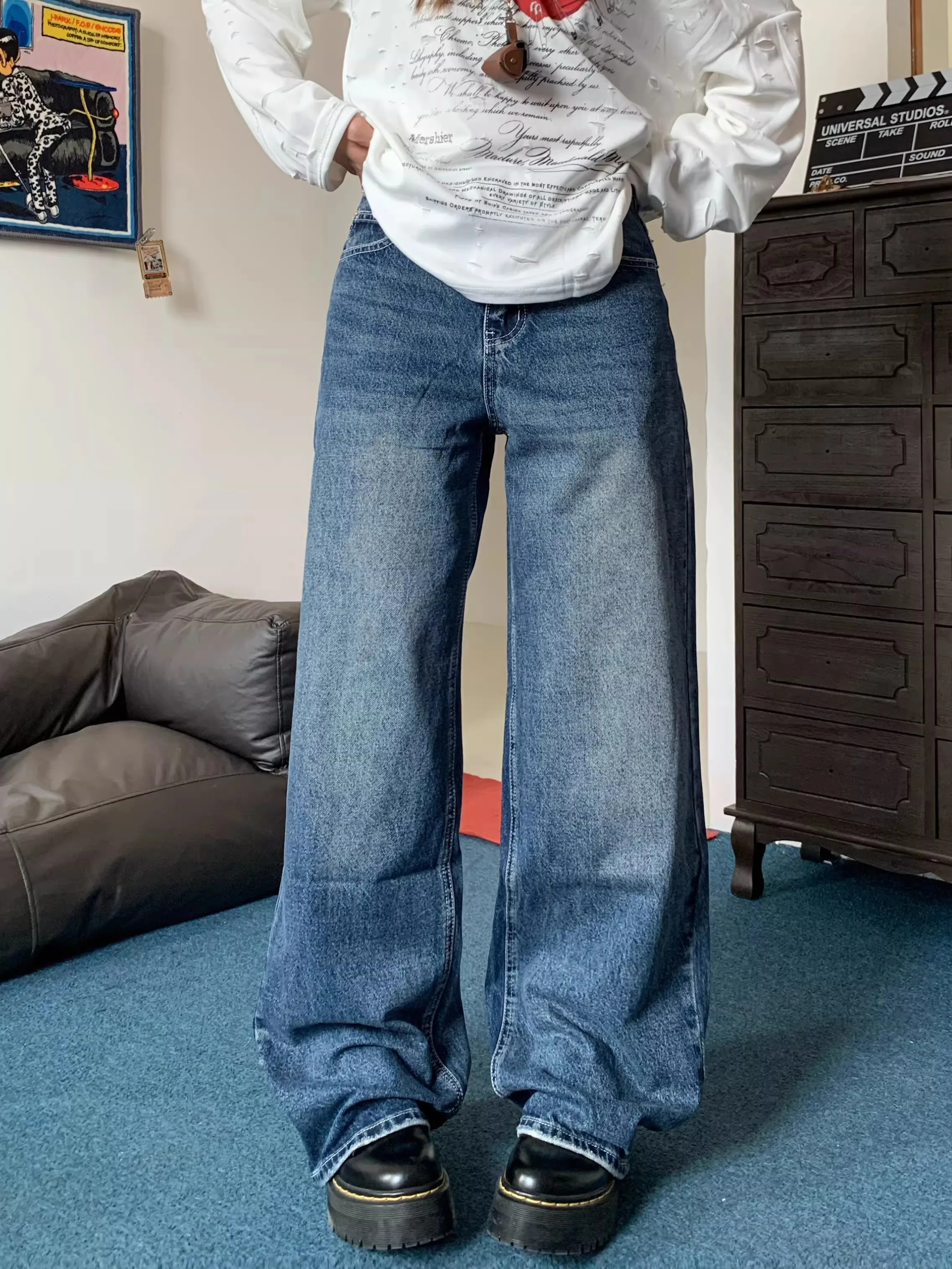 Women's Loose Straight Leg High Street American Style Jeans Wide Leg Trousers with Patch Design Couple Trendy Brand