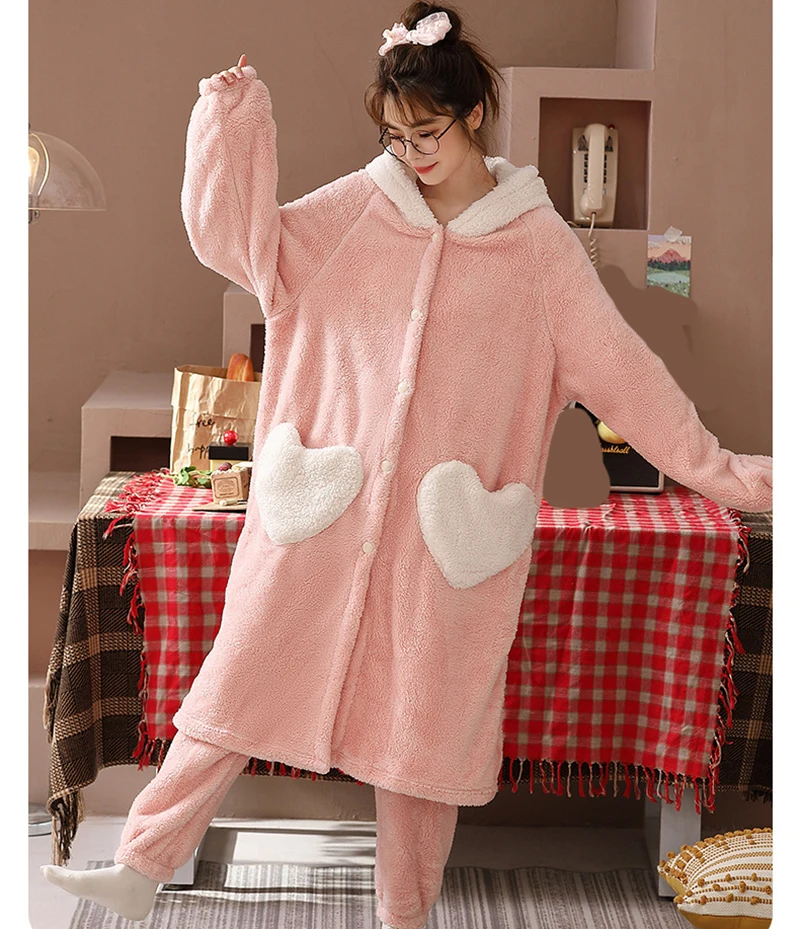 Women Animal Pajamas Sets Hooded Cartoon Sleepwear Rabbit Cosplay Lady Winter Flannel Long Robe Set Plush Warm Nightgown Suits