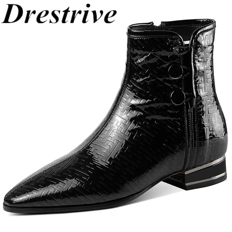 Drestrive 2022 Mature Top Quality Women Ankle Boots Zipper Thick Low Heels Cow Leather Size 42 Wine Red Winter Shoes