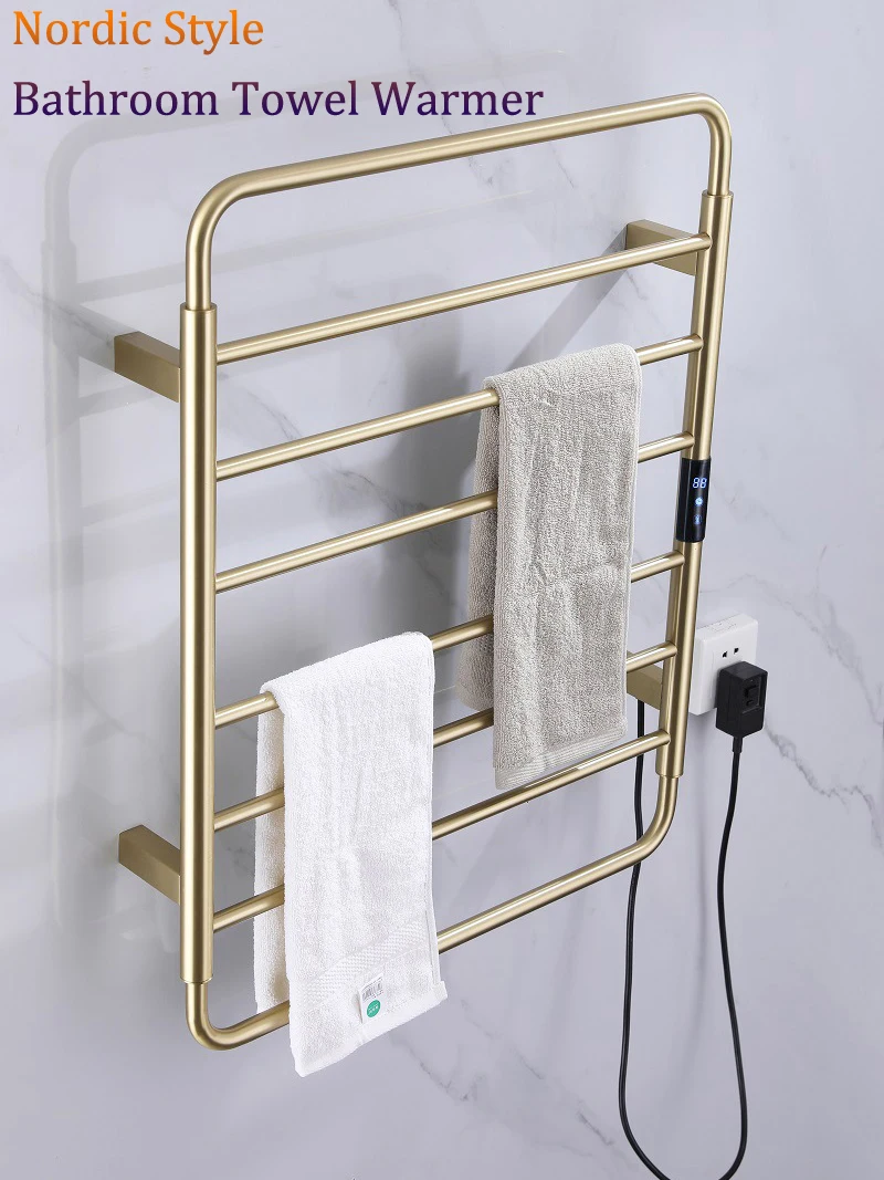 

2024 Nordic Gold Heated Towel Warmer Rack 77x60cm Hidden Wire Installation Suitable for 110V/220V 304 Stainless Steel Material