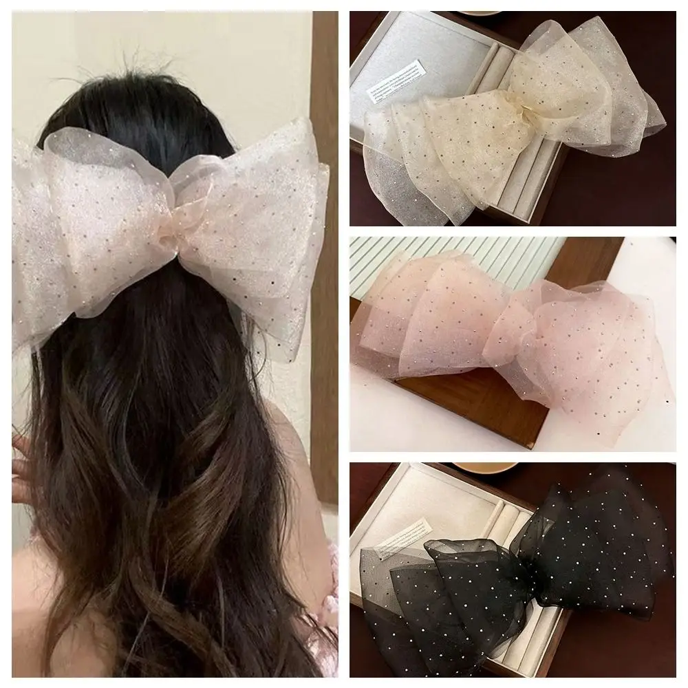 

Korean Oversized Mesh Bow Large Hair Clips Bright Polka Dot Rhinestone Gauze Bowknot Spring Clip Headwear Hair Accessories