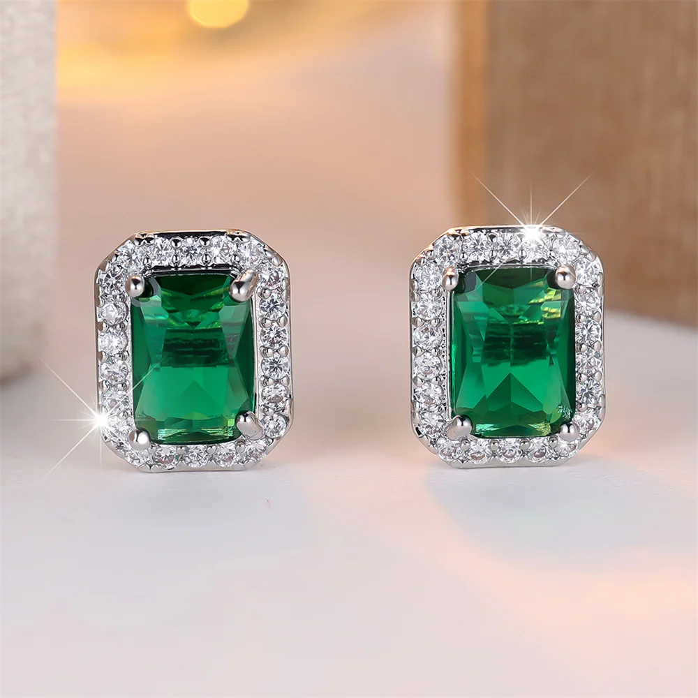 Luxury Crystal Green Zircon Square Stone Small Stud Earrings For Women Vintage Silver Color Versatile Jewelry Wedding Party Gift