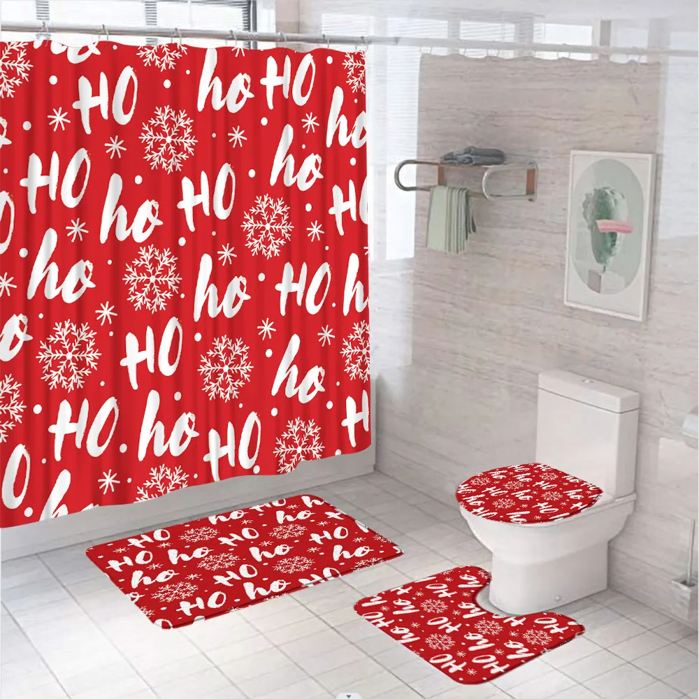 

4Pcs Christmas Decor Shower Curtain Set Non-Slip Rug Toilet Lid Cover Bath Mat Xmas HO Snowflake Red Bathroom Fabric Screen Home