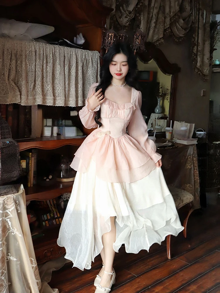 Getadme-Spring Beach Elegant Floral Midi Dress Woman Casual French Style Even Party Dress Fairy One Piece Dress Korean Fashion main image 0