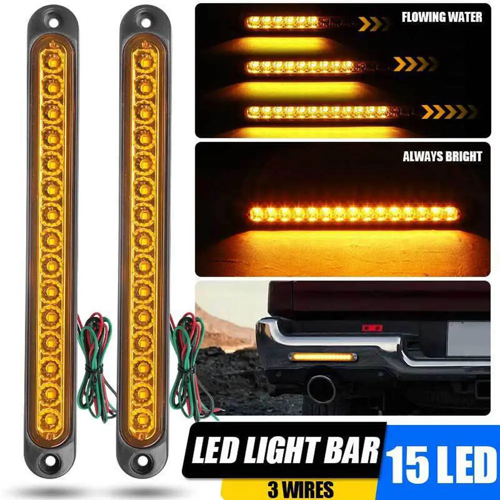 2Pcs 15LED Truck DRL Light Bar Brake Rear Turn Signal Stop Tail Strip External Stop Tail Lamps 12V 24V Red Yellow White 25cm pair 12v 32 led car truck tail light taillight rear stop brake light signal lamp indicator trailer truck lorry caravan van ute