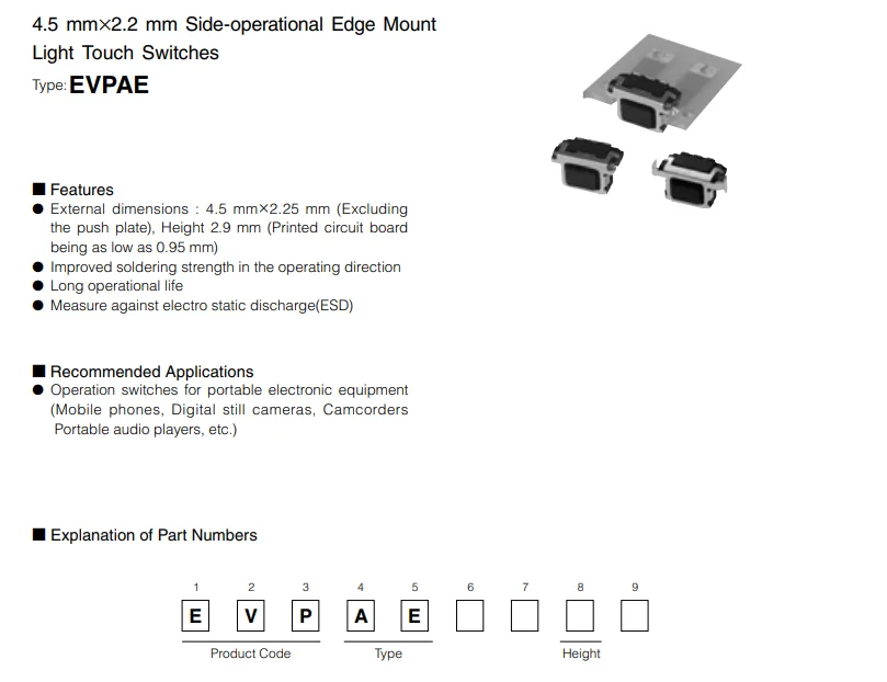 10 Stück EVPAEBB2A 4,5 mm*2,2 mm seitlich bedienbare Tastschalter mit 3-Pin-Bedienplatte, 3-poliger seitlicher Drucktastschalter – Detail 4