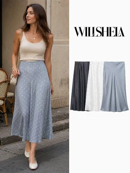 Willshela Women Fashion Dot Printed Pleated Straight Midi Skirt Vintage High Elastic Waist Female Chic Lady Skirts