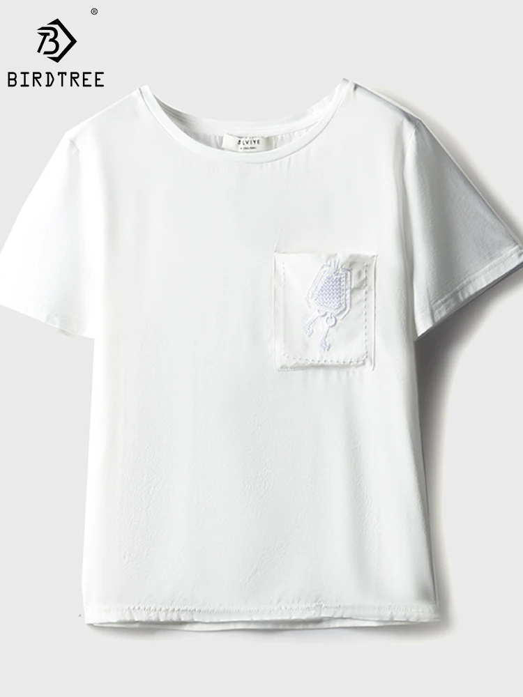 

Birdtree 22MM100%Mulberry Silk Crepe De Chine Short Sleeve T-shirt Women's Solid Color Classic Pocket Embroidery Top T38912QD