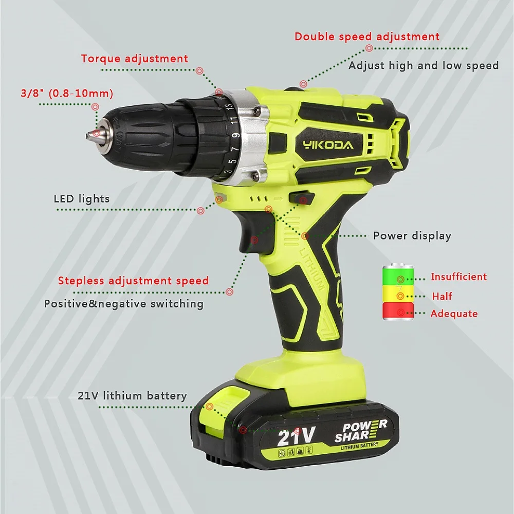 YIKODA 12V 16.8V 21V 電動ドライバーコードレスドリル充電式