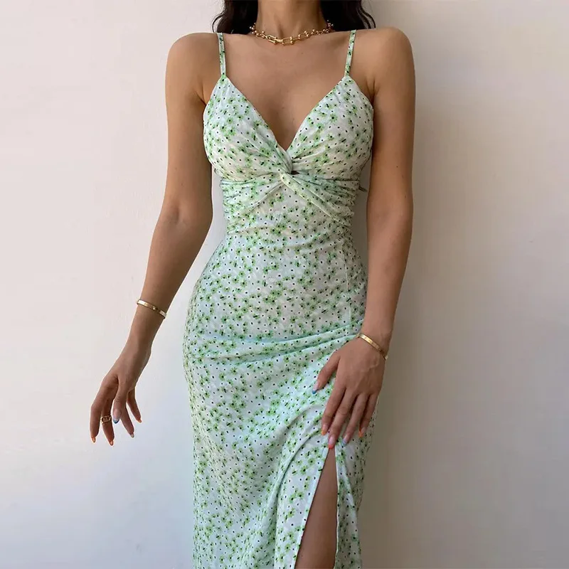 

Spring 2023 New Women's Sexy Elegant Halter Slit High Waist French Floral Dress