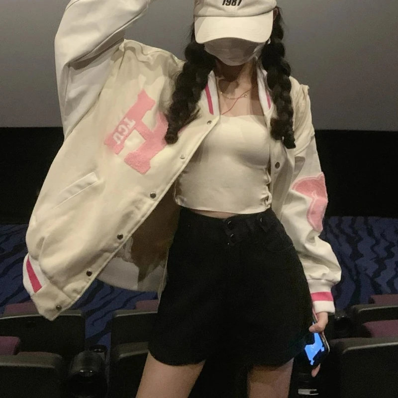 

HOUZHOU Japanese Y2k Bomber Jacket Women Pink Cute College Varsity Winter Jackets Korean Fashion Streetwear Oversized Autumn