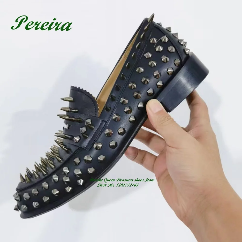 

Men Handmade Studs Spike Shoes Black Loafers Shoes Runway Rivets Chunky Heels 2023 New Shallow Slip On Men Shoes Round Toe Sexy