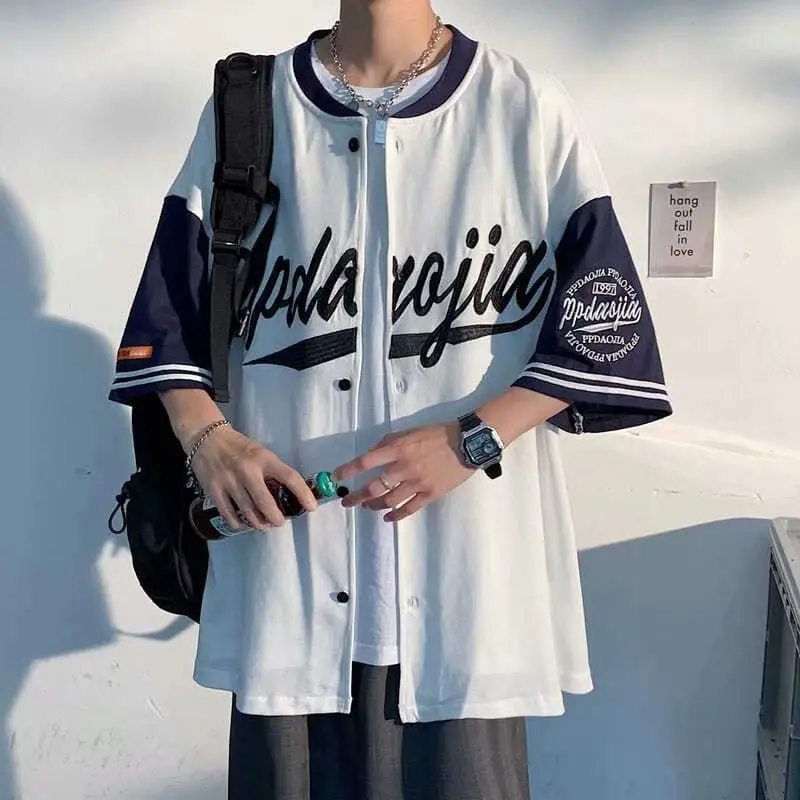 

Baseball Shirt Men and Women Hippie Vintage Oversized Hip Hop Streetwear Korean Style Short Sleeve Button Up Blouse Summer Shirt