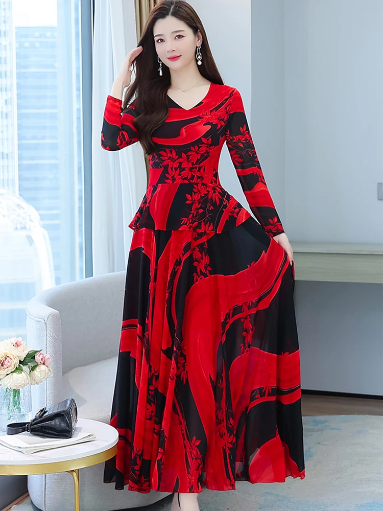 ★韓国人気★I AM MARI★CHIFFON PLEATS DRESS Floral Chiffon Tight Waist Korean Long Sleeve V-Neck Dress