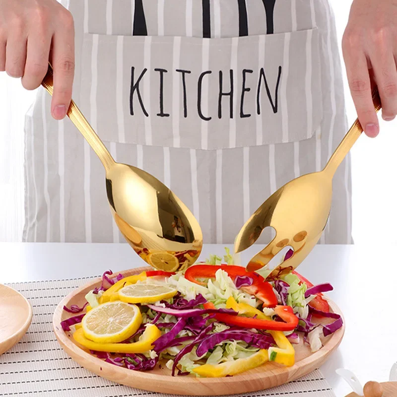 Big Salad Spoon Fork Set Stainless Steel Kitchen Food Server Pasta Utensils Public Gold Tableware Buffet Restaurant Tools tableware set stainless steel kitchen utensils