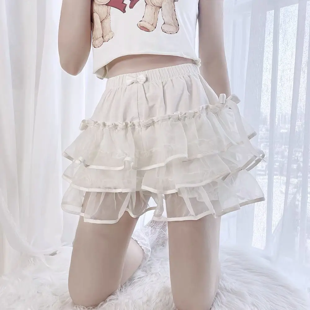 

Lolita Style Tiered Shorts Girls Cute Bow Lace Mesh Fluffy Petticoats Bustle Short Pants Women Gothic Ruffles Sweet
