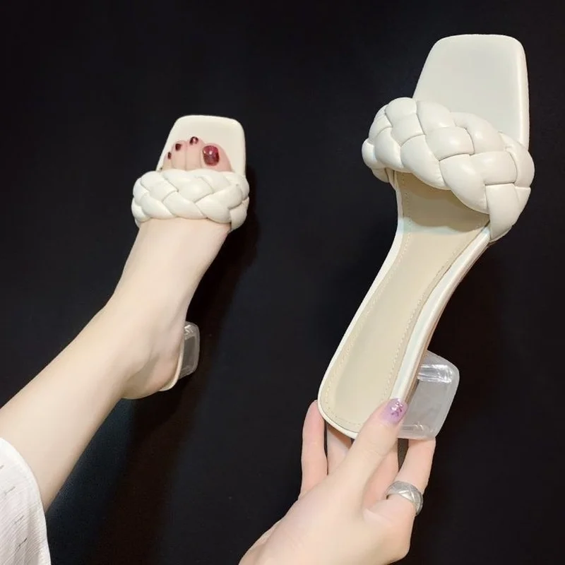 Plus Size Summer Slipper Women Twist Woven Slippers Women's Thick Heel Crystal Heel Fashion High Heels Sexy Woman Shoes 2022