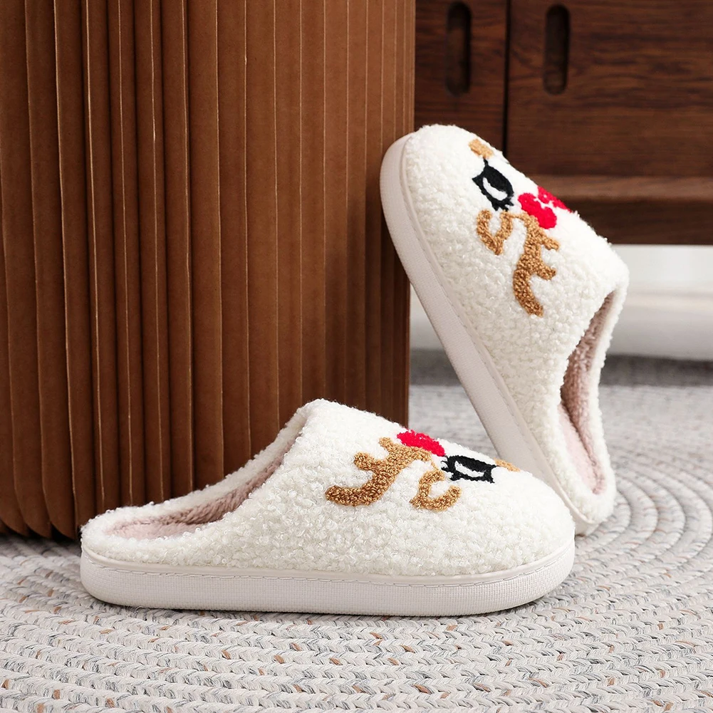 Reindeer Fluffy Fur Slippers Ergonomic Design Women Slippers Home Warm Anti-Slip Fashion Winter As a Gift to Family