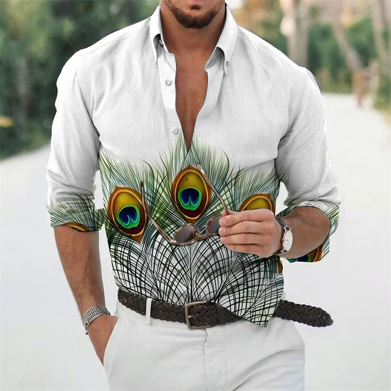 New fashion men's shirt feather pattern 3D printing casual and